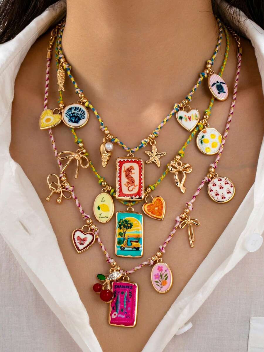 1pc Colorful Bohemian Style Multi-Layer Charm Necklace For Women, With Enamel Ocean Elements Pend... | SHEIN