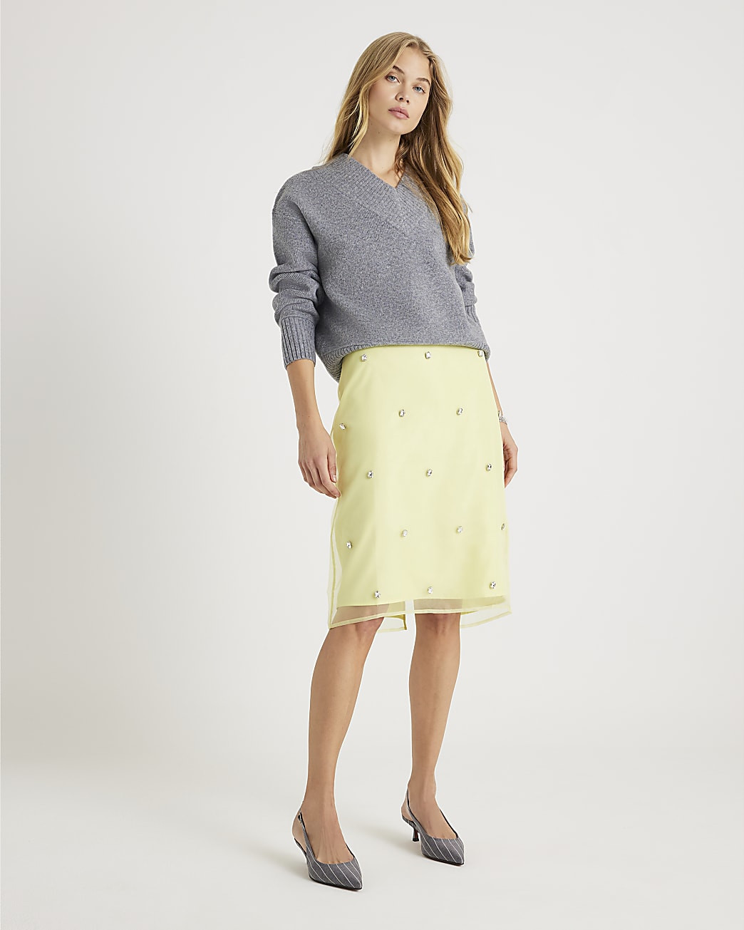 Yellow Organza Embellished Pencil Skirt | River Island UK & IE
