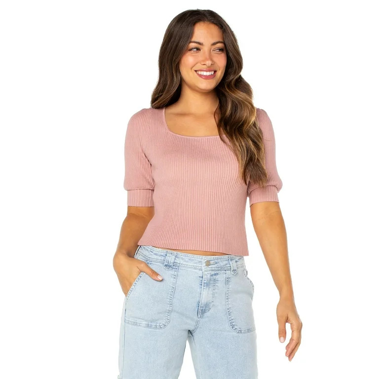 Celebrity Pink Juniors and Juniors Plus Square Neck Sweater with Short Sleeve Puff Sleeves Sizes ... | Walmart (US)