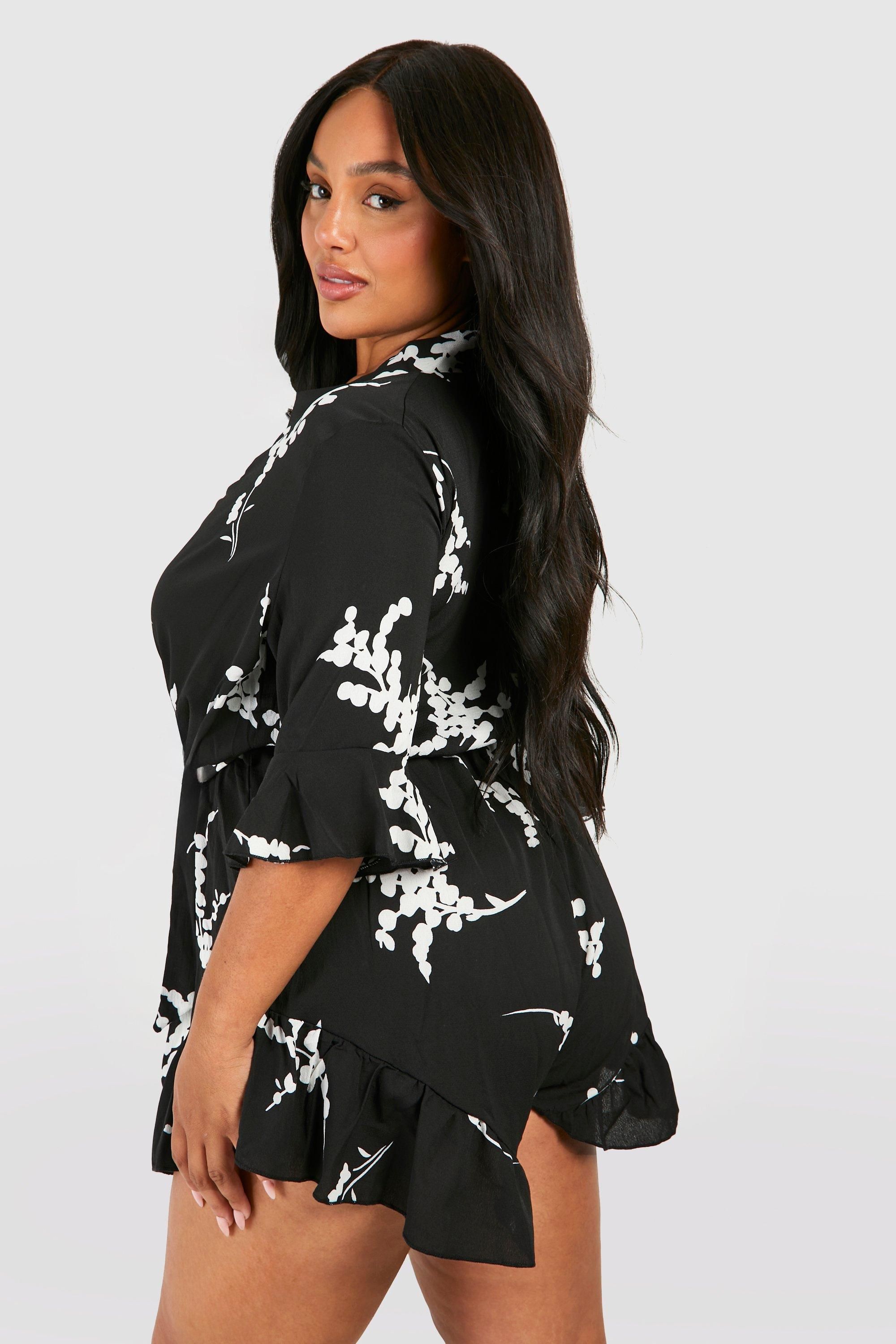 Plus Abstract Floral Print Ruffle Tie Playsuit | Boohoo.com (UK & IE)