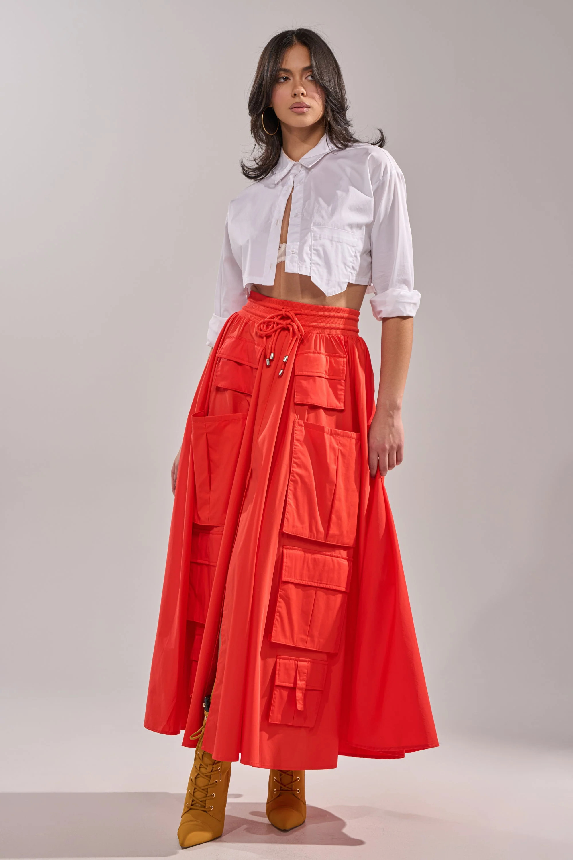 AKIRA Amelia Cargo Pocket Maxi Skirt | Red | Size Large | AKIRA