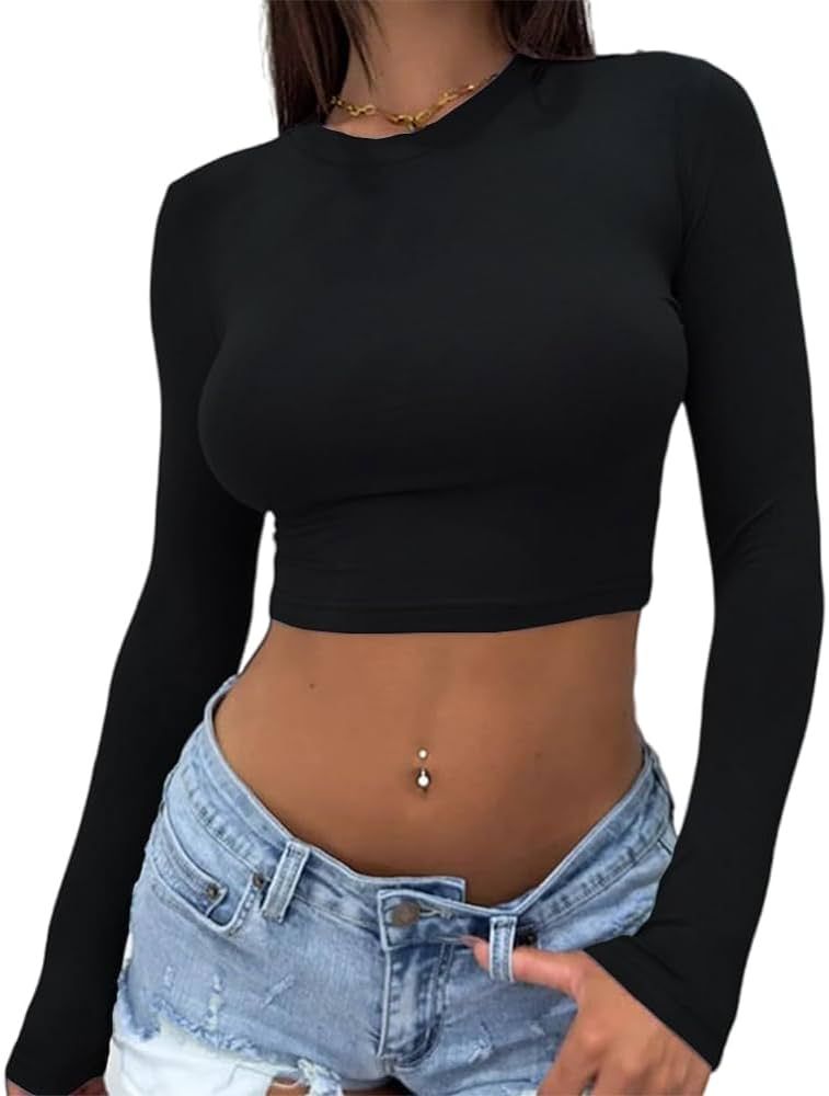 Dwnval Women's Slim fit Long Sleeve Crop Tops Y2K Crewneck Cute Sexy Cropped T Shirts (Black, M) | Amazon (US)