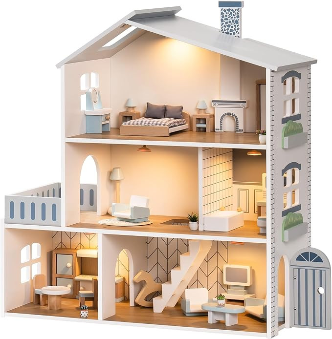 ROBUD Doll House, Wooden Dollhouse with 6 Rooms, 29-pcs Realistic Accessories, Dollhouse Playset ... | Amazon (US)
