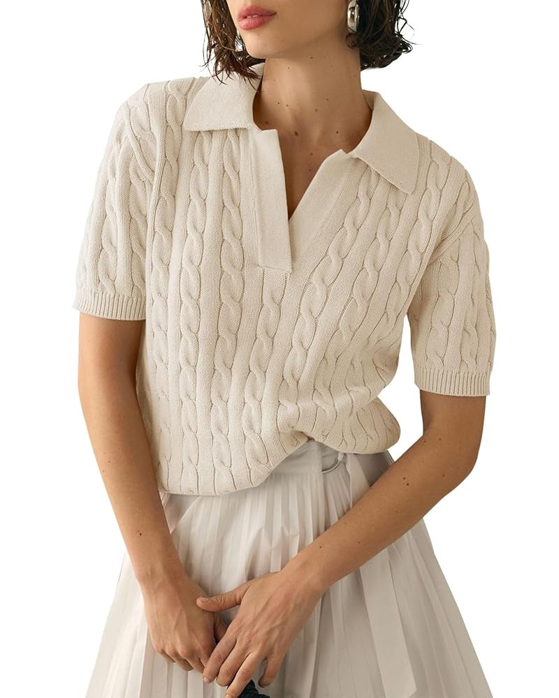 Imily Bela Women's Cable Short Sleeve Sweaters Tops Solid Lapel V Neck Knit Casual Soft Pullover ... | Amazon (US)