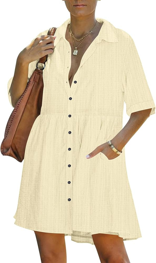 PYGFEMR Women's Summer Dress 2025 Short Sleeve Babydoll Tiered Button Down T Shirts Dresses with ... | Amazon (US)