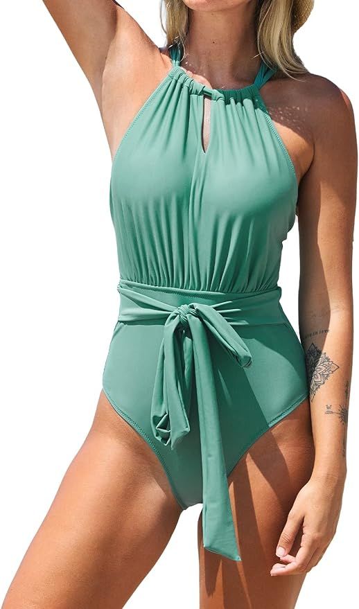 CUPSHE Women's Tie Front One Piece Swimsuit High Neck Design with Removable Padding Green Bathing... | Amazon (US)