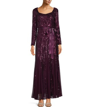 Sequin Embroidered Mesh Long Sleeve Gown | Dillards