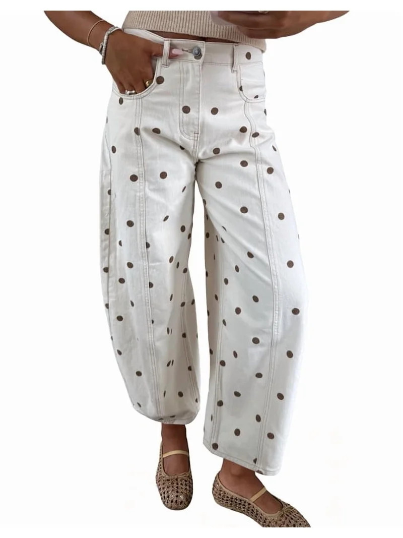 sicmoss Women's White Polka Dot Barrel Jeans Mid Rise Vintage Denim Pants with Pockets | Walmart (US)