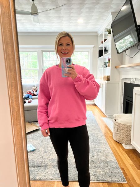 Comfy stay at home mom outfit! My favorite Amazon black leggings are on sale and this pink sweatshirt is such a pretty color. 

#LTKfit #LTKunder50