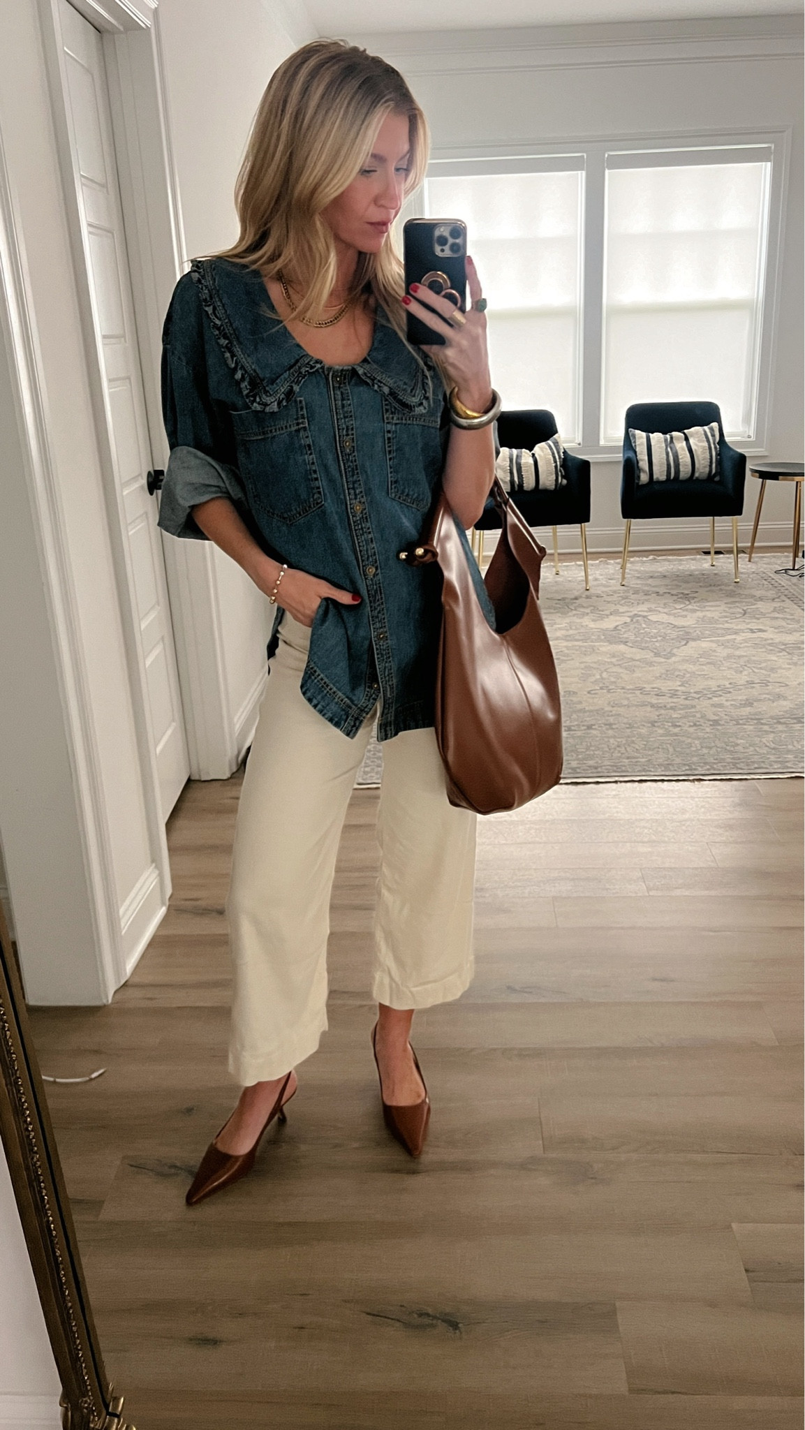 Denim top + white denim. 
Top: Wearing size small 
Bottoms: Run TTS

#LTKBeauty #LTKSeasonal #LTKStyleTip