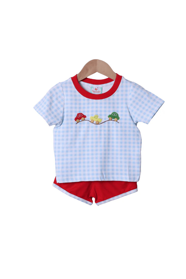 Crochet Cars Blue Gingham/Red Short Set | The Smocked Flamingo