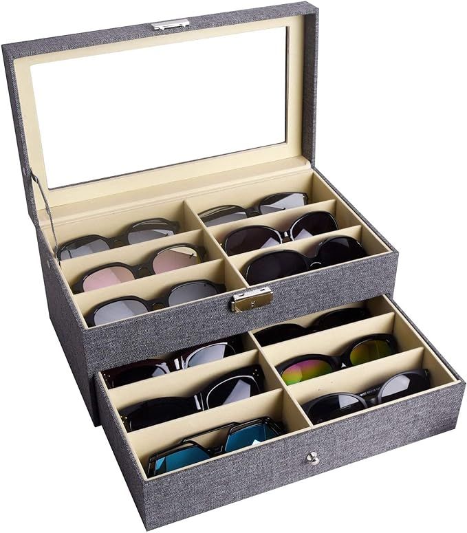 AUTOARK Linen 12 Piece Eyeglasses Storage and Sunglass Glasses Display Drawer Lockable Case Organ... | Amazon (US)