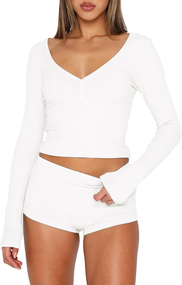 ForeFair Women 2 Piece Ribbed Knit Pajama Set Button Long Sleeve Tops and Shorts Lounge Sweatsuit... | Amazon (US)