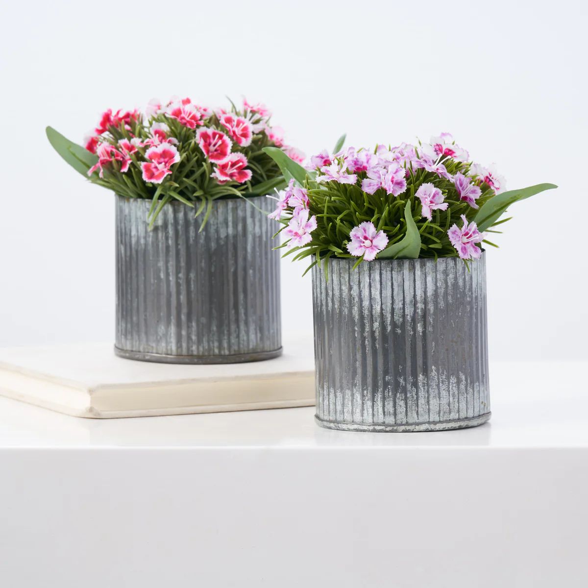 Real Touch Mini Dianthus Wildflowers in Galvanized Metal Tin - 2 Colors | Darby Creek Trading