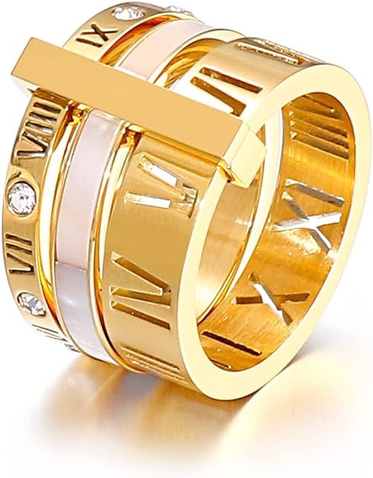 Jarlinwel Stainless Steel CZ Zirconia Roman Numeral Ring For Women Girls 3 in 1 Spinner Rings | Amazon (US)