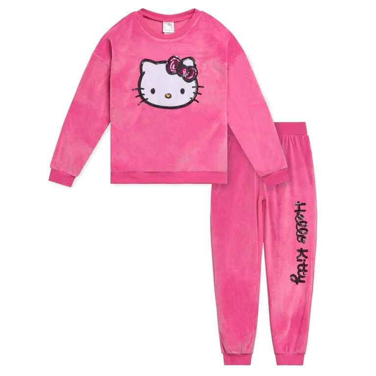 Hello Kitty Velour Drop Shoulder Sweatshirt and Jogger Pants Outfit Set Toddler to Big Kid | Walmart (US)