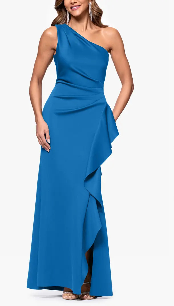 One-Shoulder Ruffle Scuba Crepe Gown | Nordstrom