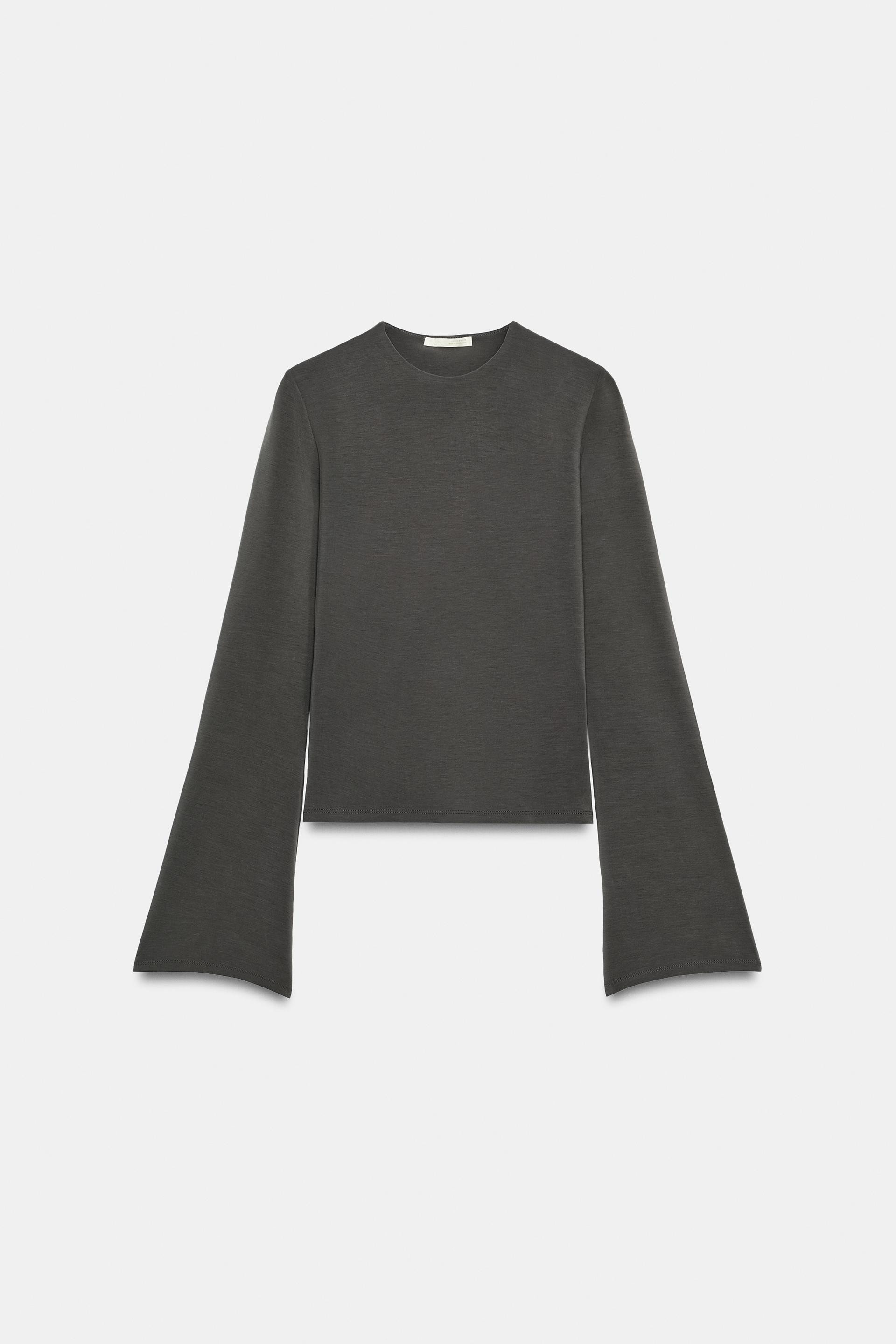 Zara - Wide Long Sleeve T-Shirt - Black - M - Woman | Zara UK