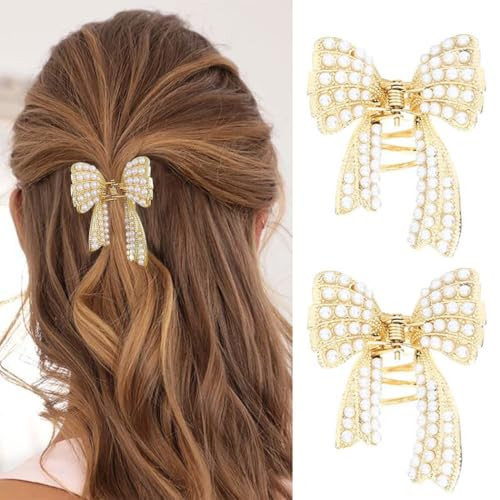 CAKURE Gold Bow Claw Clip Pearl Bow Hair Clip Cute Hair Catch Barrettes Styling Hair Accessories for Women and Girls (Pack of 2) | Amazon (US)