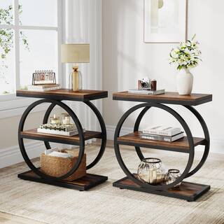Kerlin 23.62 in. Brown Rectangle Wood End Table with Storage Shelves (Set of 2) | The Home Depot
