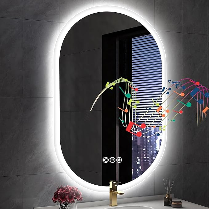 S'bagno 24x36 Oval LED Bathroom Mirror with Lights, Anti-Fog, Bluetooth Speaker, 3 Colors Tempera... | Amazon (US)