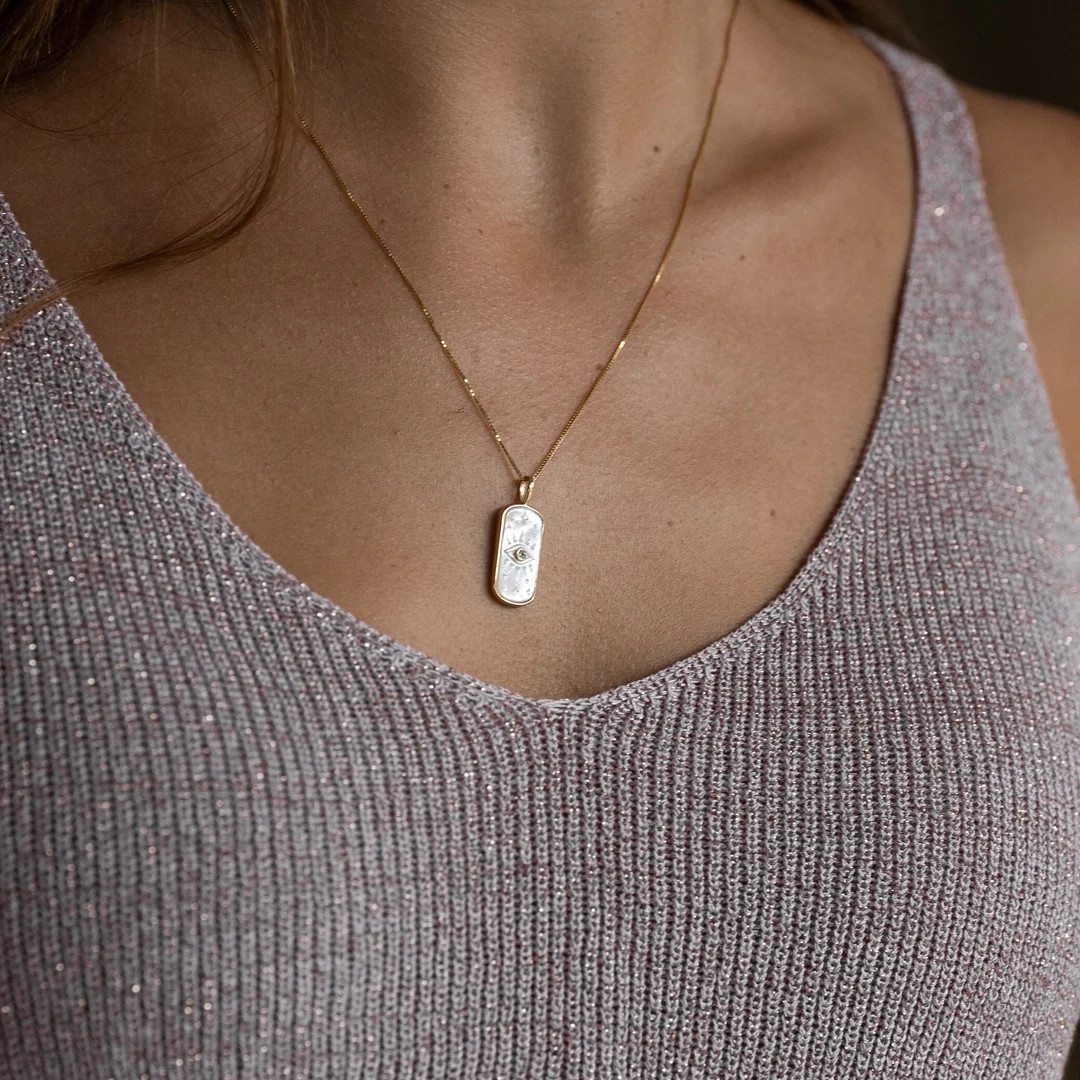 Necklace With Rectangular Pendant With Mother-of-pearl Eye and Inlaid Zirconia Made of Gold-plate... | Etsy (US)