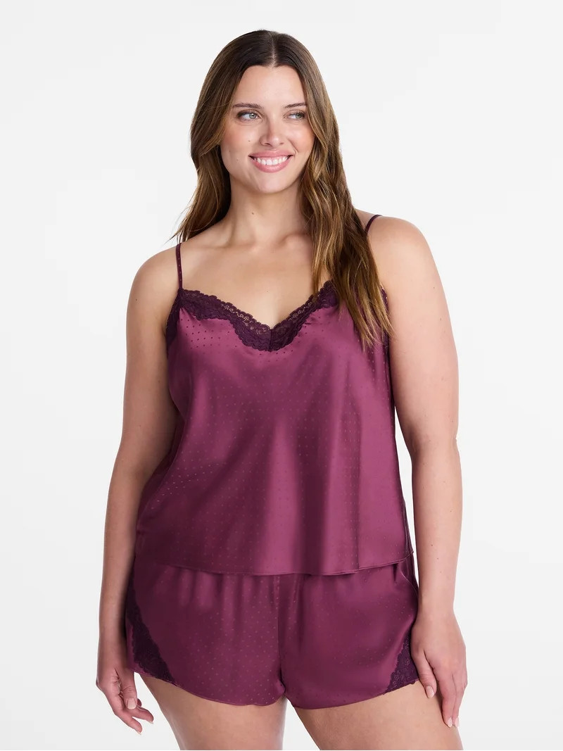 Joyspun Women\u2019s Lace Trim Stretch Satin Cami and Shorts Set, 2-Piece, Sizes XS-3X | Walmart (US)