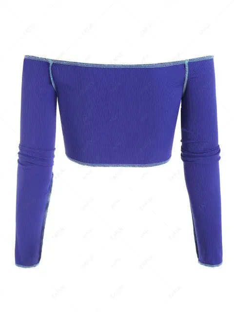 Cropped Off The Shoulder Ribbed Lace-up Topstitching Pully Top | ZAFUL (Global)