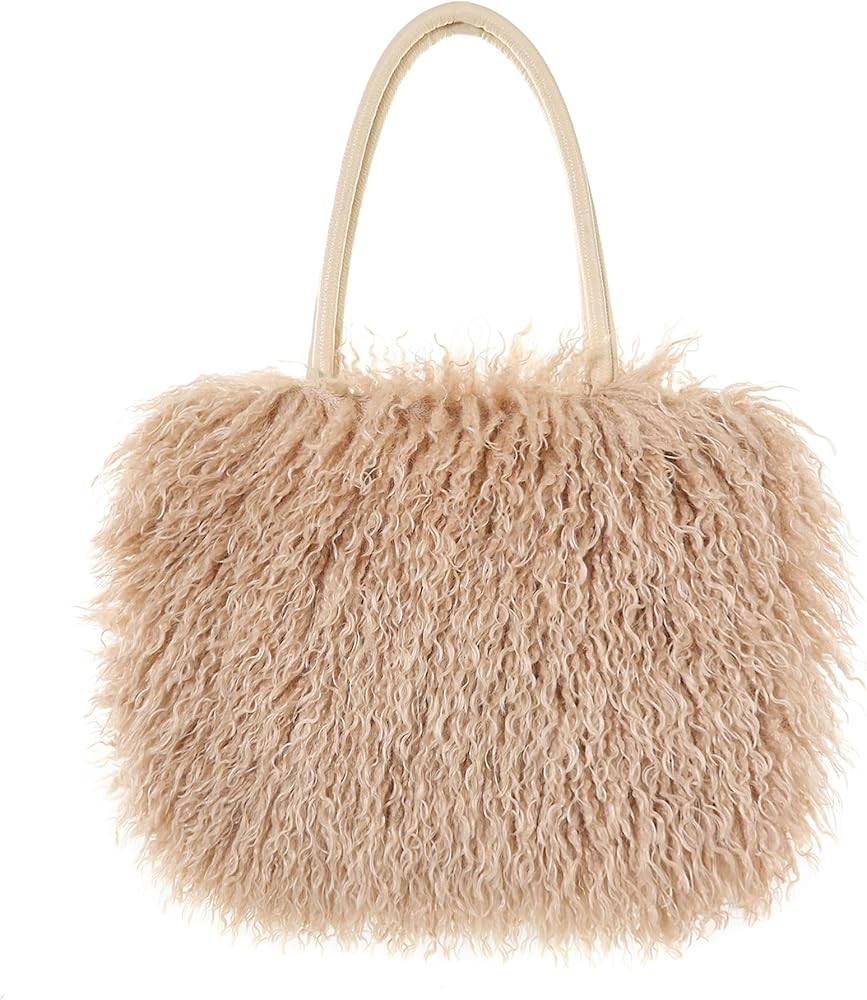 Women's Fuzzy Tote Bag Curly Handbag Furry Shoulder Bag Large Plush Top Handle Purses Winter | Amazon (US)