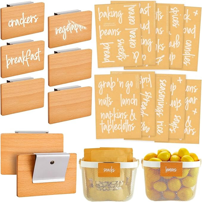 Set of 8 Wooden Clip On Pantry Label Holders for Storage Bins + 70 Preprinted White on Clear Scri... | Amazon (US)