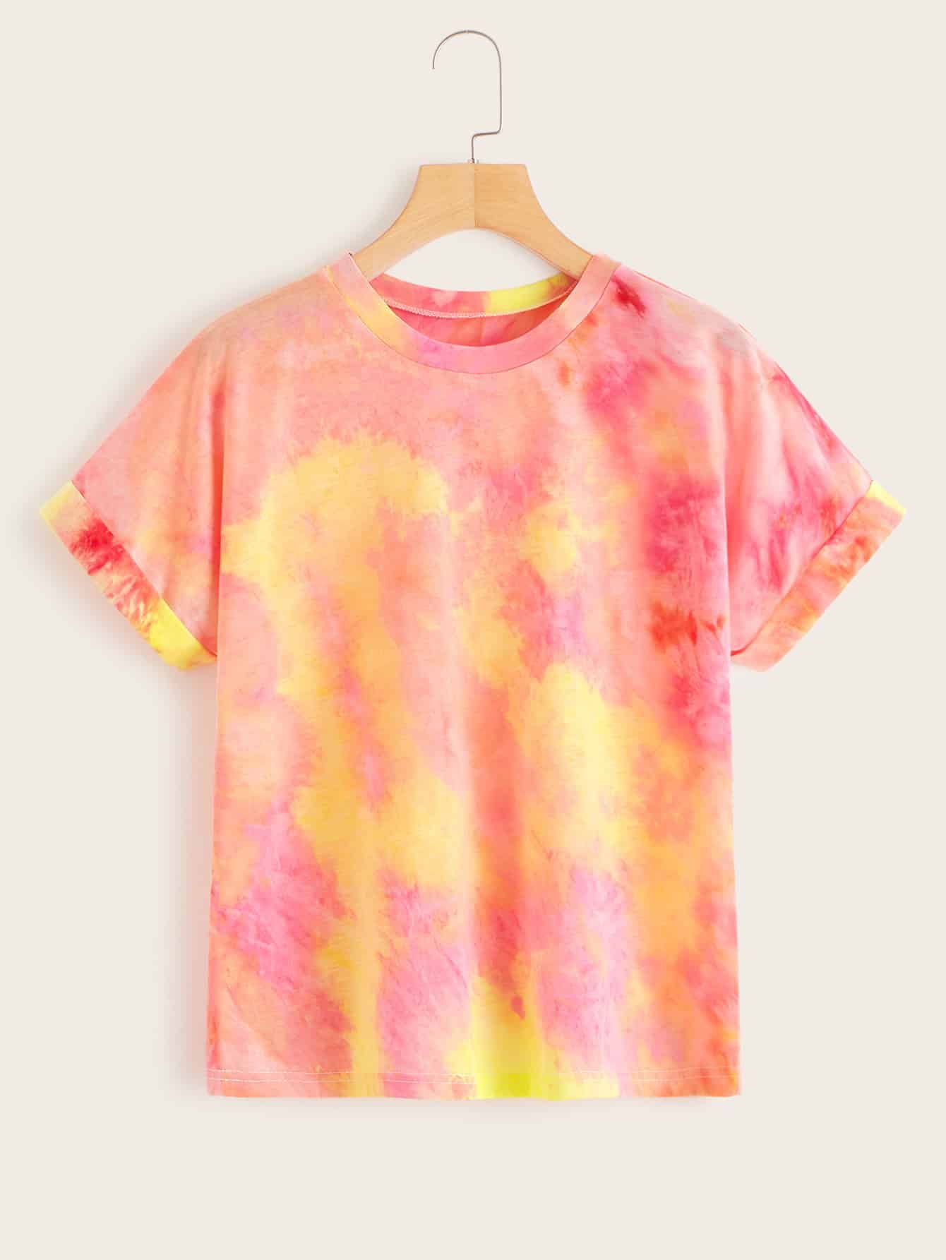 Rolled Sleeve Tie Dye Tee | SHEIN