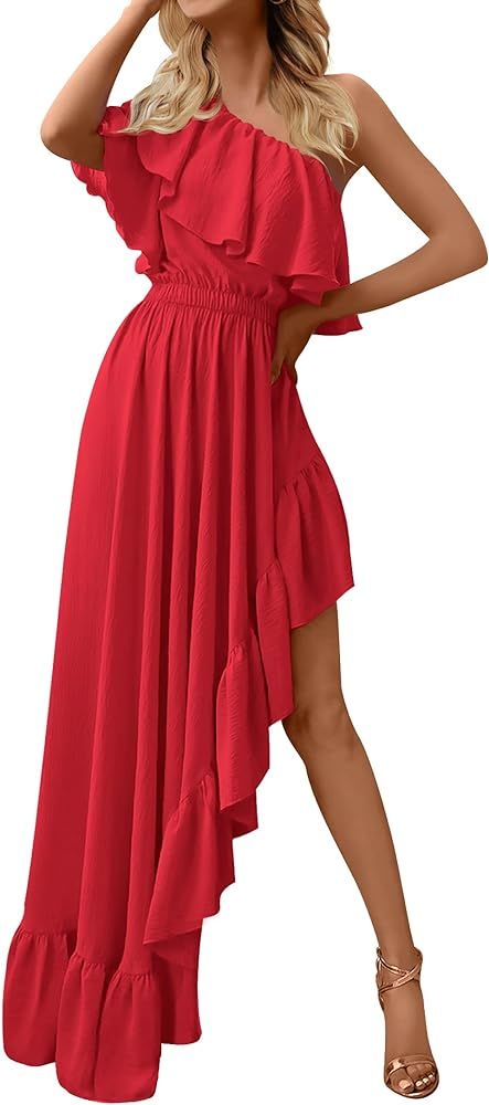 ZESICA Women's 2023 Summer Boho One Shoulder Sleeveless Ruffle Asymmetrical High Low Flowy Prom G... | Amazon (US)