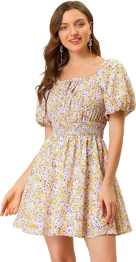 Allegra K Women's Floral Print Square Neck A-Line Smocked Waist Puff Sleeve Dress | Amazon (US)