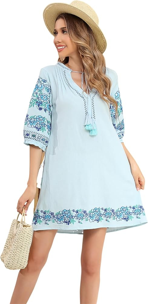 R.Vivimos Women's Autumn 3/4 Sleeve Cotton V Neck Floral Embroidery Casual Tunic Dresses | Amazon (US)