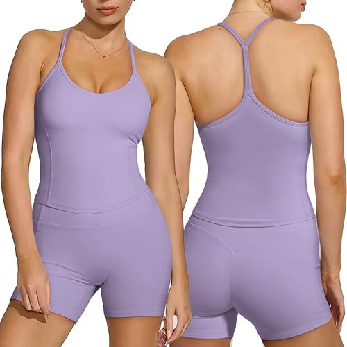 SUUKSESS Women Sexy Racerback 2 Piece Workout Sets V Neck Y Back Padded Sports Bra High Waisted Shorts with Pockets(Purple,S) | Amazon (US)
