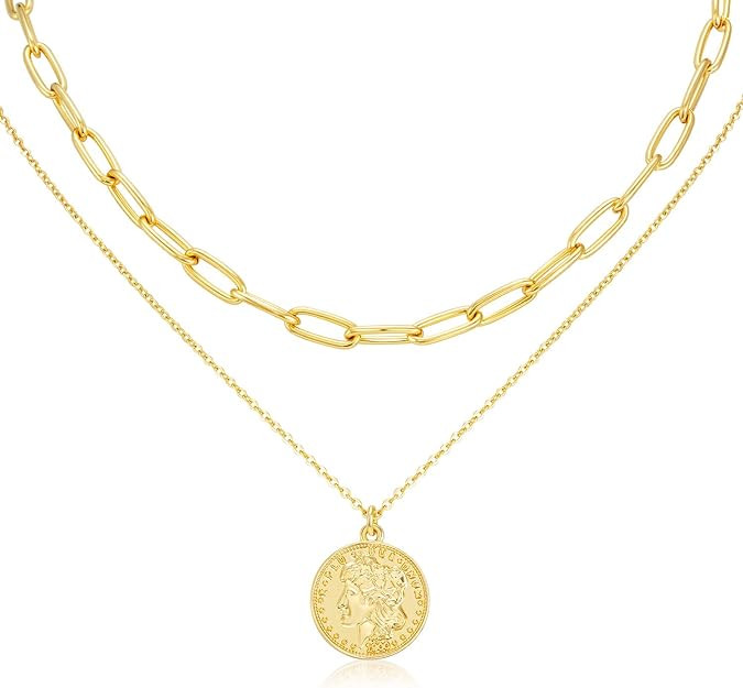 LANE WOODS Layered 18k Gold Plated Necklaces for Women - Multilayer Coin Medallion Pendant Neckla... | Amazon (US)