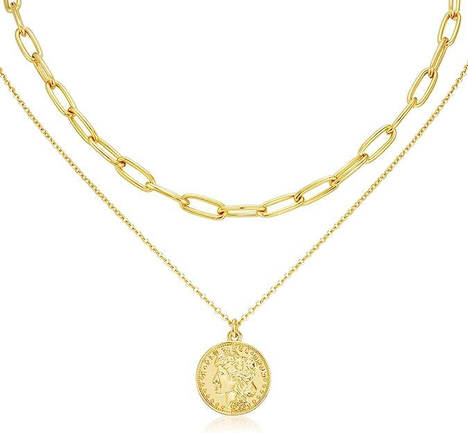 LANE WOODS Layered 18k Gold Plated Necklaces for Women - Multilayer Coin Medallion Pendant Neckla... | Amazon (US)