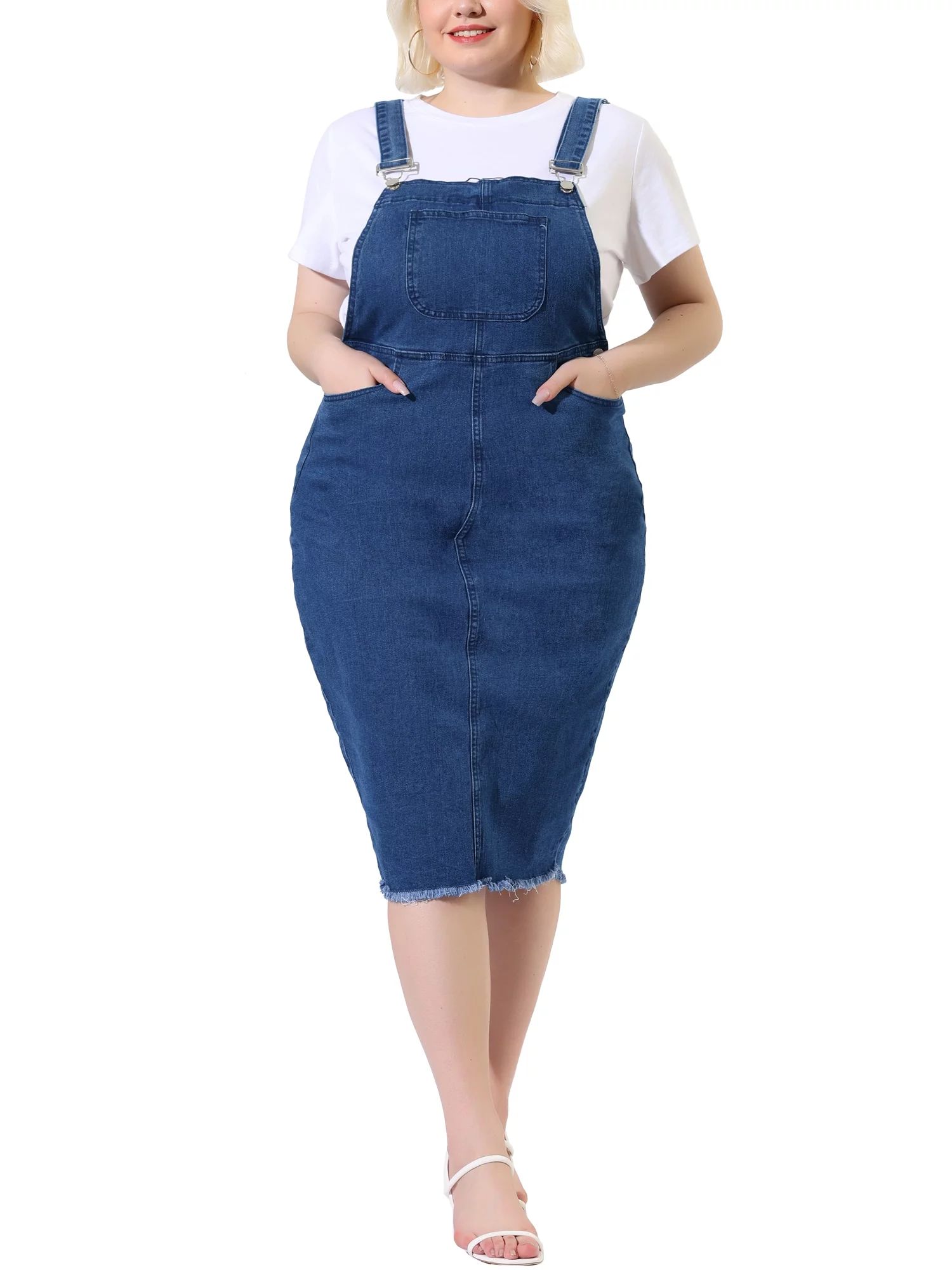 Unique Bargains Women's Plus Size Adjustable Suspender Skirt Overall Denim Dress | Walmart (US)