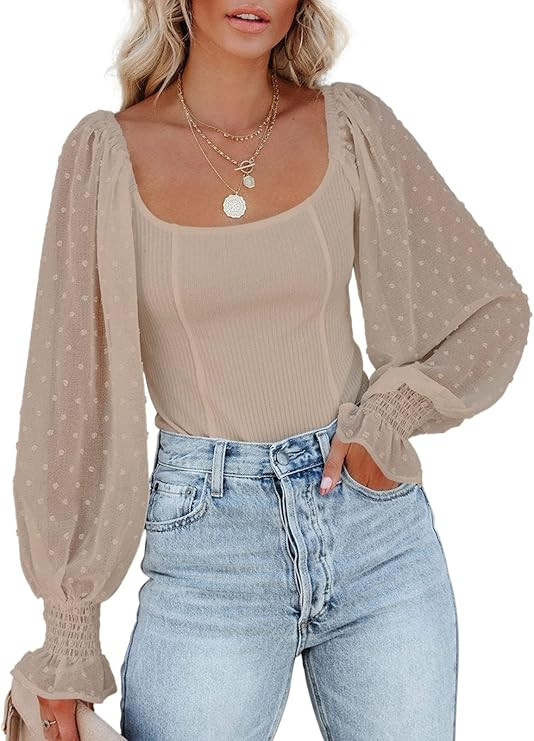SENSERISE Womens Mesh Long Puff Sleeve Top Off Shoulder Square Neck Slim Knit Ribbed Tops Blouses | Amazon (US)