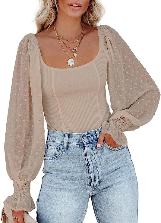 SENSERISE Womens Mesh Long Puff Sleeve Top Off Shoulder Square Neck Slim Knit Ribbed Tops Blouses | Amazon (US)