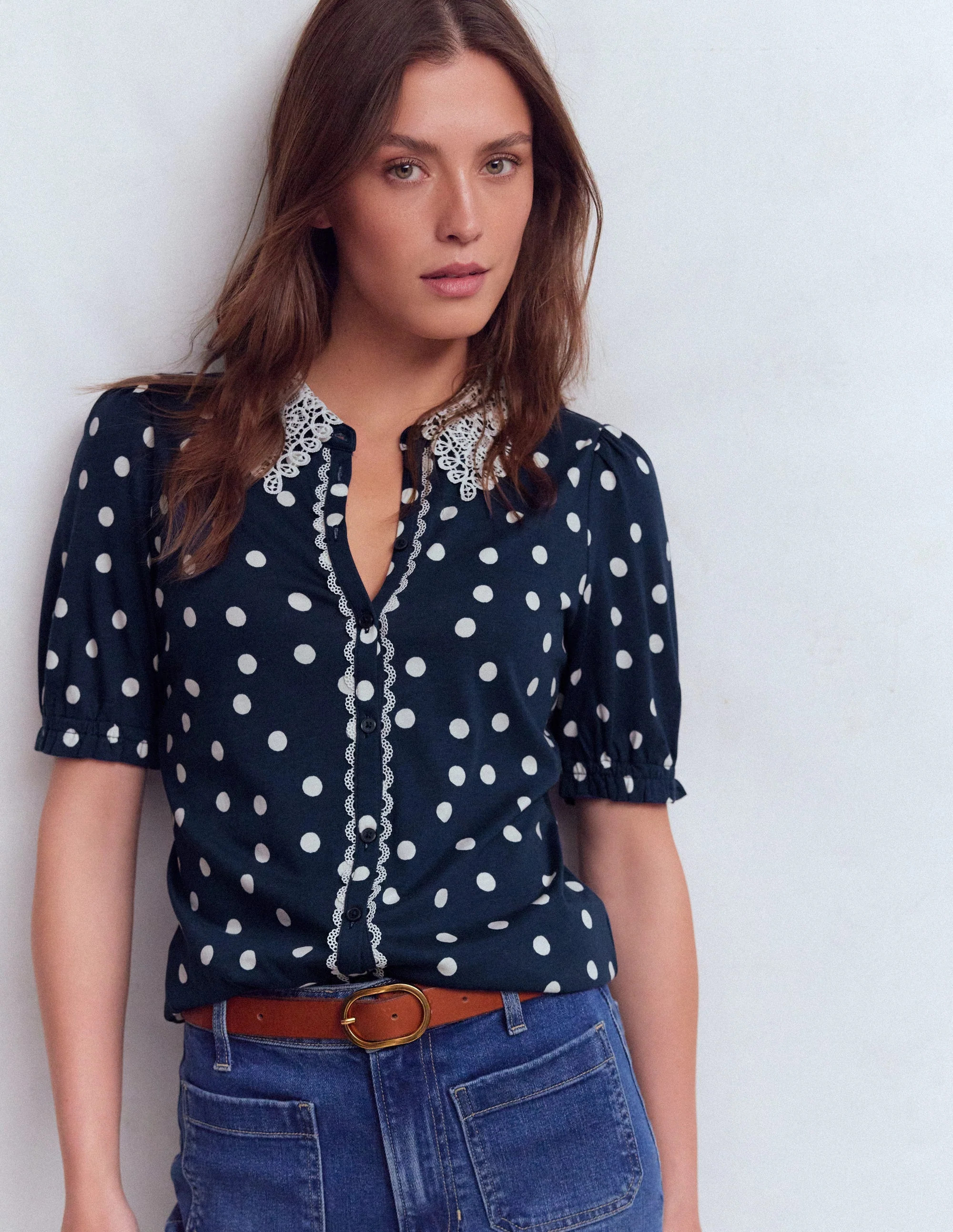 Nessa Broderie Collar Blouse-Navy & Ivory Spot Print | Boden (US)