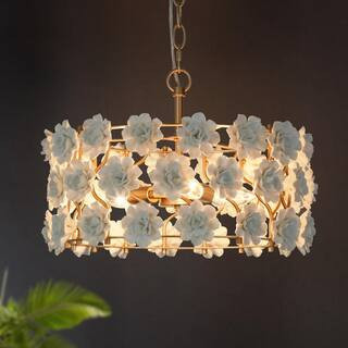 Farmhouse Gold Island Chandelier, 3-Light Modern Drum Chandelier Pendant Light with Handmade White Ceramic Flowers | The Home Depot