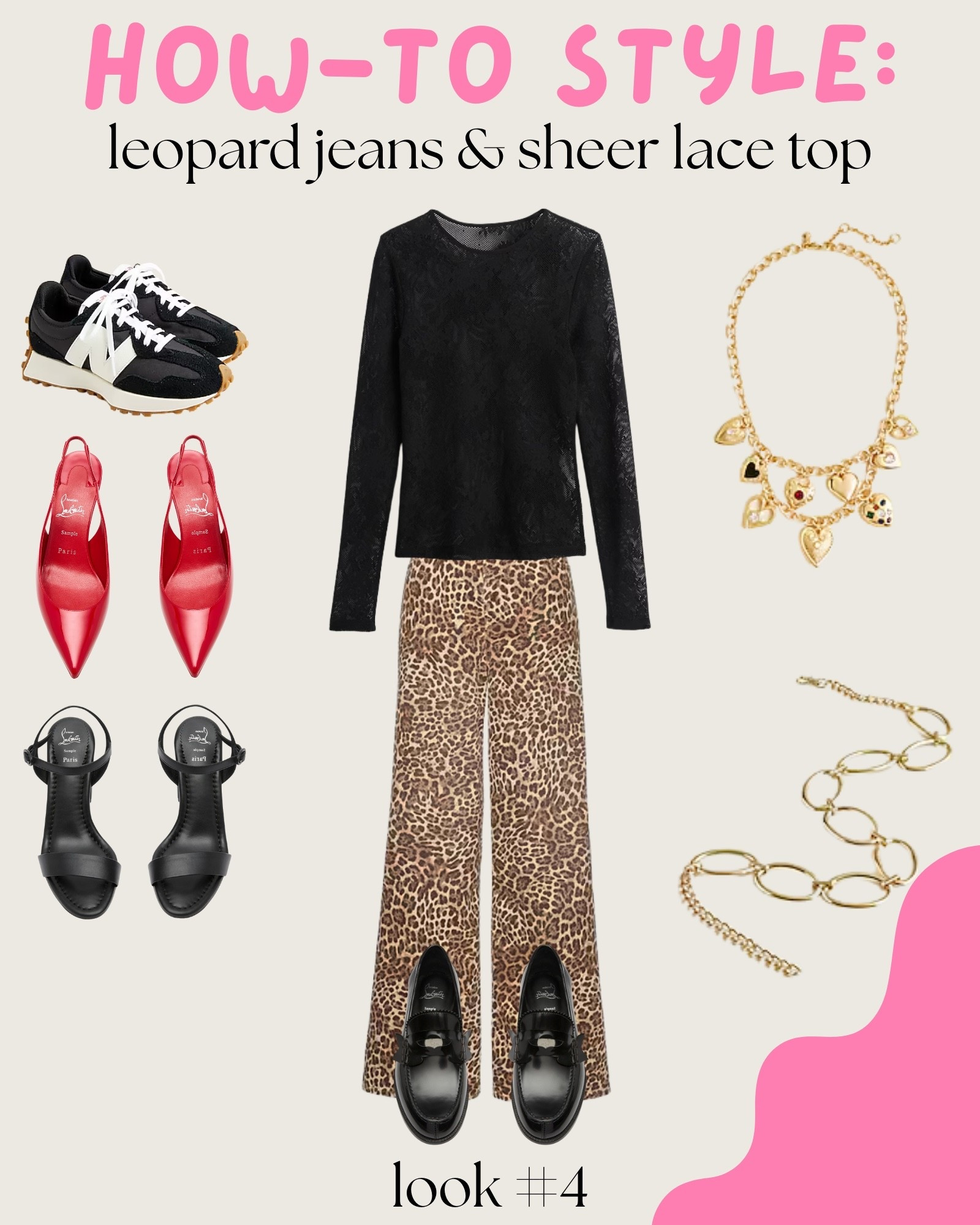 My how-to guide for styling leopard print jeans and a sheer lace top: look four 4️⃣. 

This is my favorite outfit of this lineup. The gold chain belt is out of control! It adds interest to the outfit. I also think paired with the layered charm necklace it just pops! 🤩

#LTKStyleTip #LTKFindsUnder100 #LTKShoeCrush