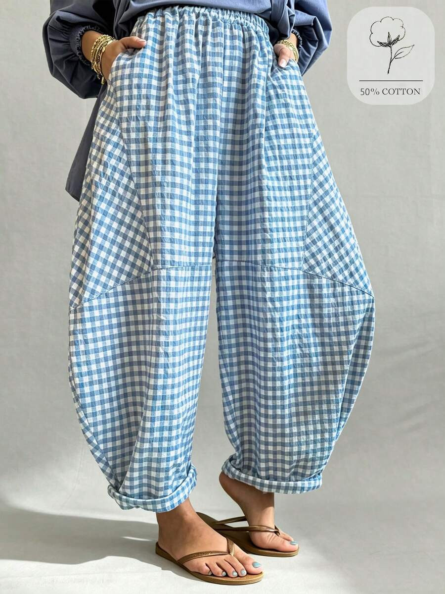 SHEIN Women's Summer 2026 New Bohemian Retro Blue Plaid Loose Lantern Balloon Pants, 9/10 Length,... | SHEIN