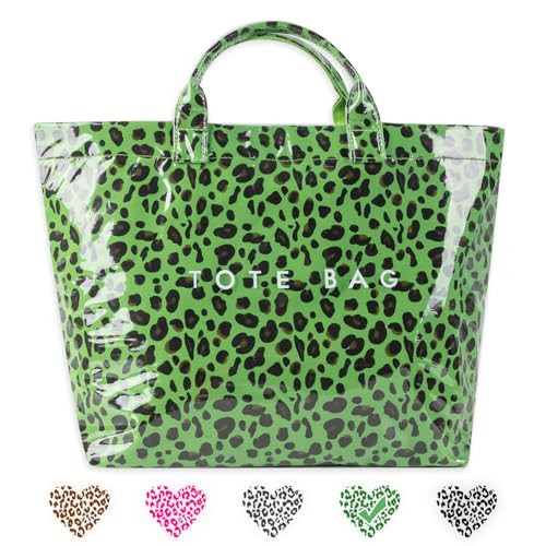 Leopard Print PVC Tote Bag for Women, Cheetah Print Tote Bag Kraft Paper Women's Letter Print Clear PVC Tote Bag, Large Work Hobo Handbag Top Handle Carry All Tote Bag for Shopping Beach Office(Green) | Amazon (US)