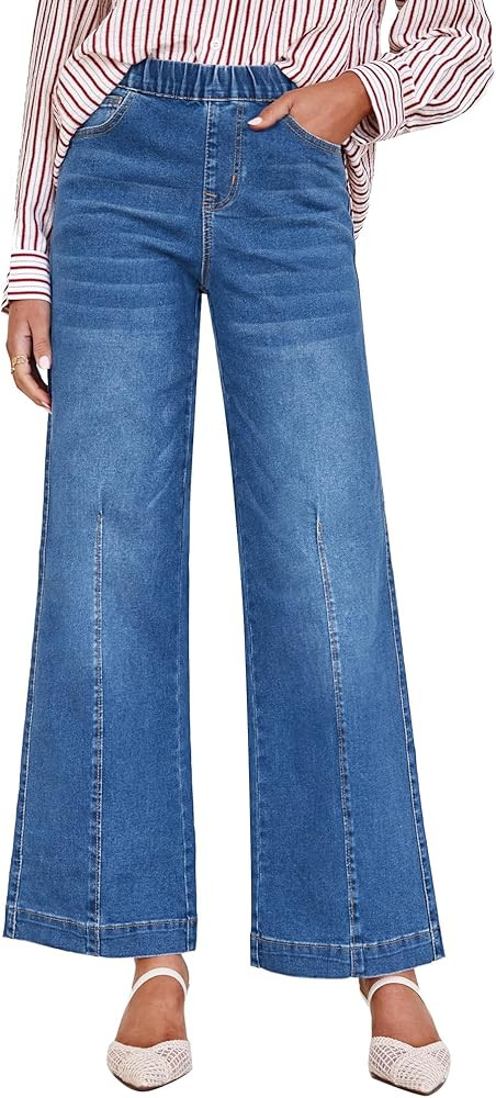 GRAPENT Pull On Womens Jeans Baggy Stretchy High Waisted Denim Wide Leg Trouser Pants Trendy Fron... | Amazon (US)