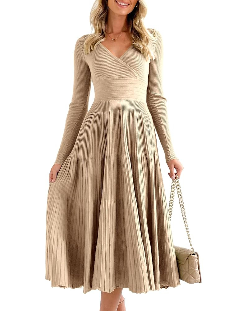 Saodimallsu Womens Long Sleeve Midi Sweater Dress Wrap V Neck Pleated A Line Fit Flare Elegant Kn... | Amazon (US)