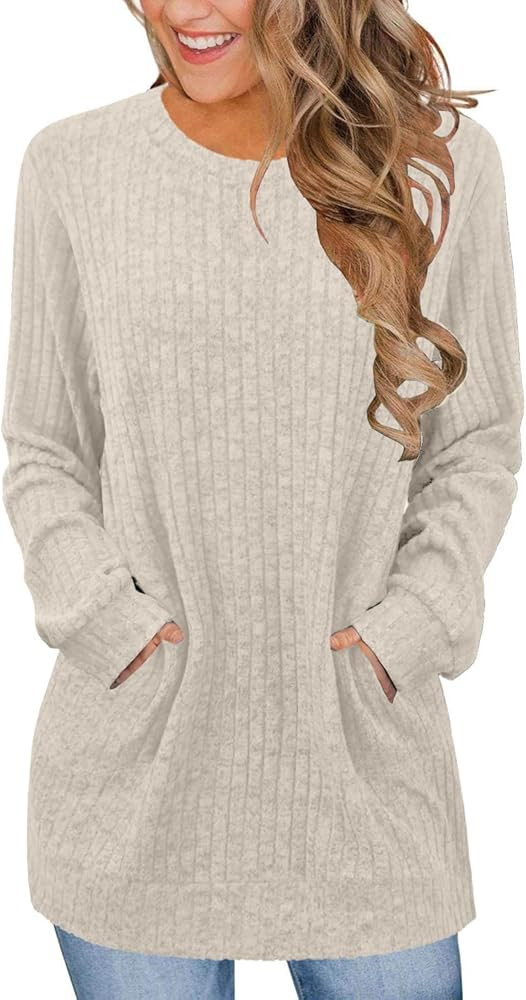 JomeDesign Sweters for Women Dressy Casual Long Sleeve Shirts Crewneck Fall Outfits with Pocket T... | Amazon (US)