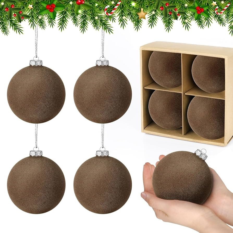 4 PCS Brown Large Velvet Christmas Balls Ornaments Christmas Tree Decorations 3.9" Flocked Christ... | Amazon (US)
