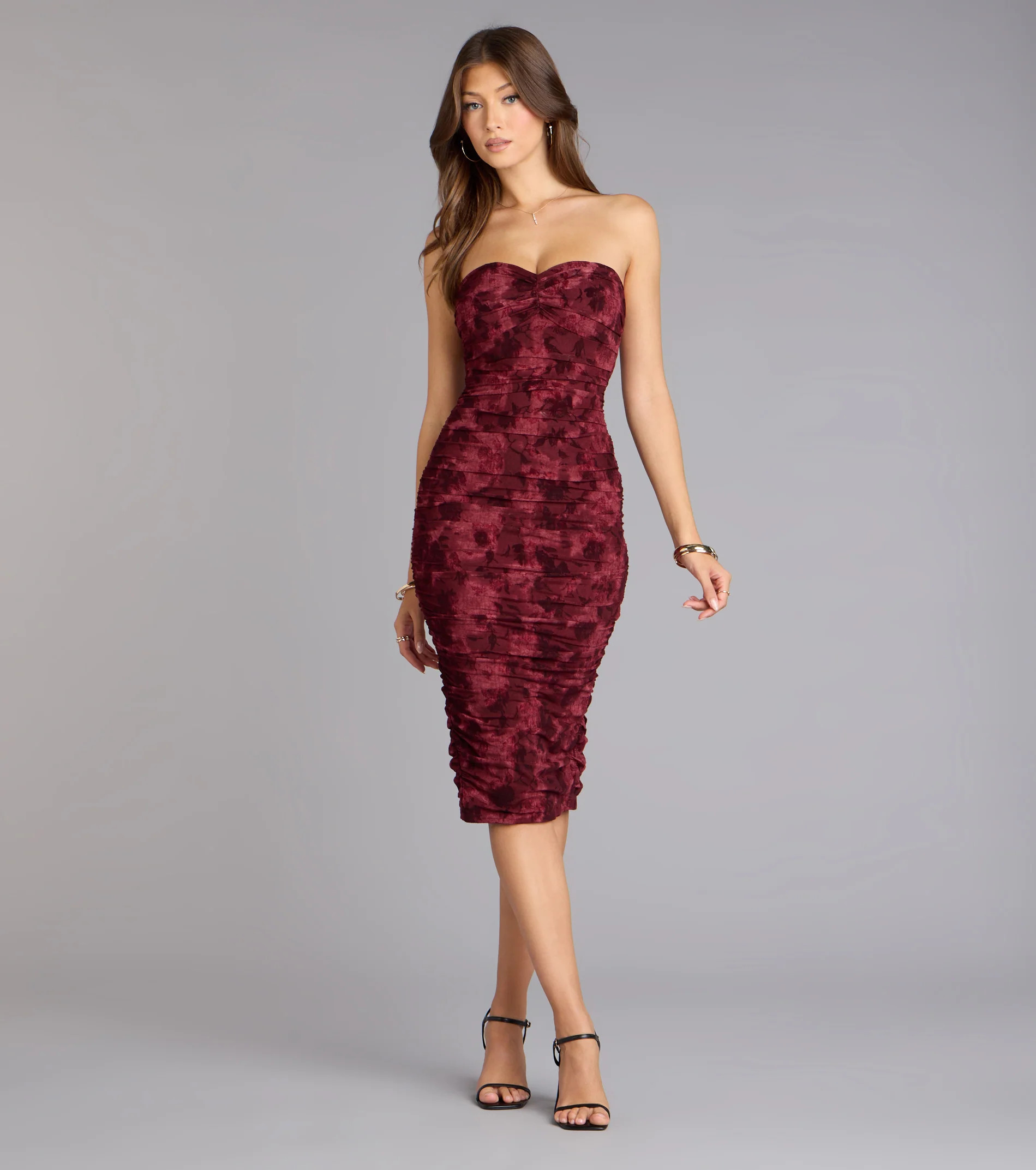 Velvet Bloom Flocked Floral Strapless Midi Dress | Windsor Stores